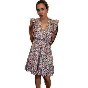 Meisie Spain S Floral Boho Dress 100% Cotton Ruffle Sleeves w/ Pockets